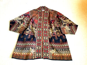 Womens Sweater-NOVICA-maroon/navy/gold lagenlook open cardigan ls Art-to-Wear-M